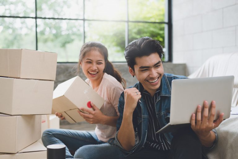 couple using a laptop